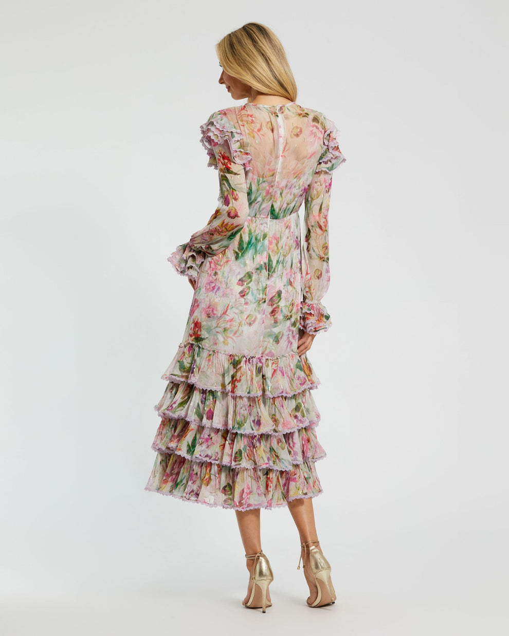 Cocktail Dresses Short Ruffle Floral Midi Length Cocktail Dress Lilac Multi