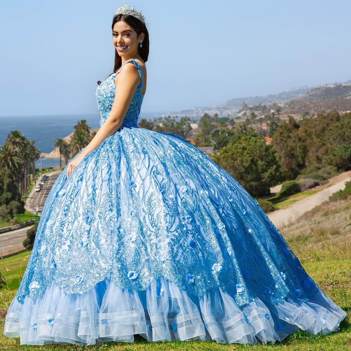 Blue Sweetheart Floor Length Ombre Tulle Quinceanera Ball Gown with Sheer Corset Bodice Cinderella Couture 8110J