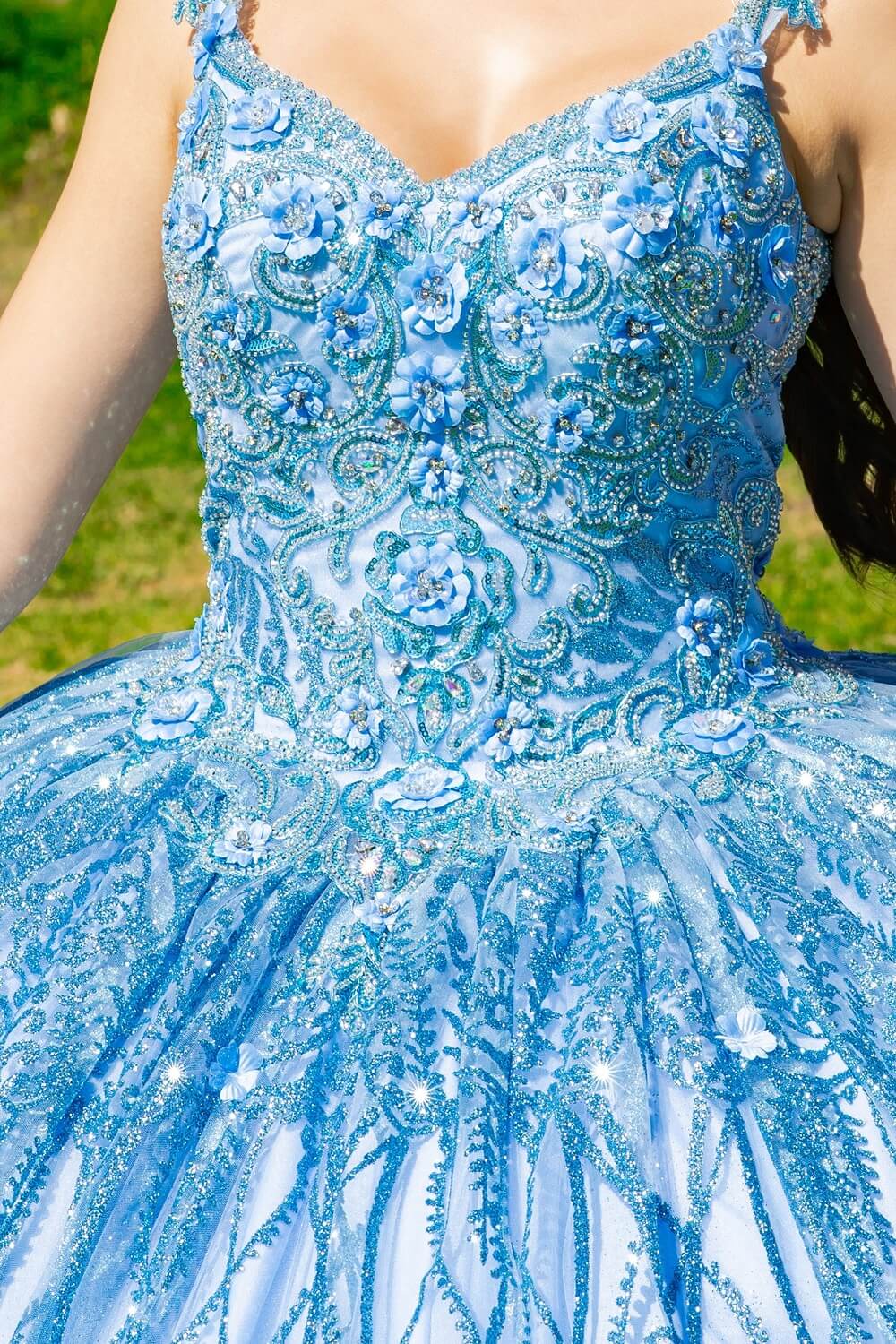 Blue Sweetheart Floor Length Ombre Tulle Quinceanera Ball Gown with Sheer Corset Bodice Cinderella Couture 8110J