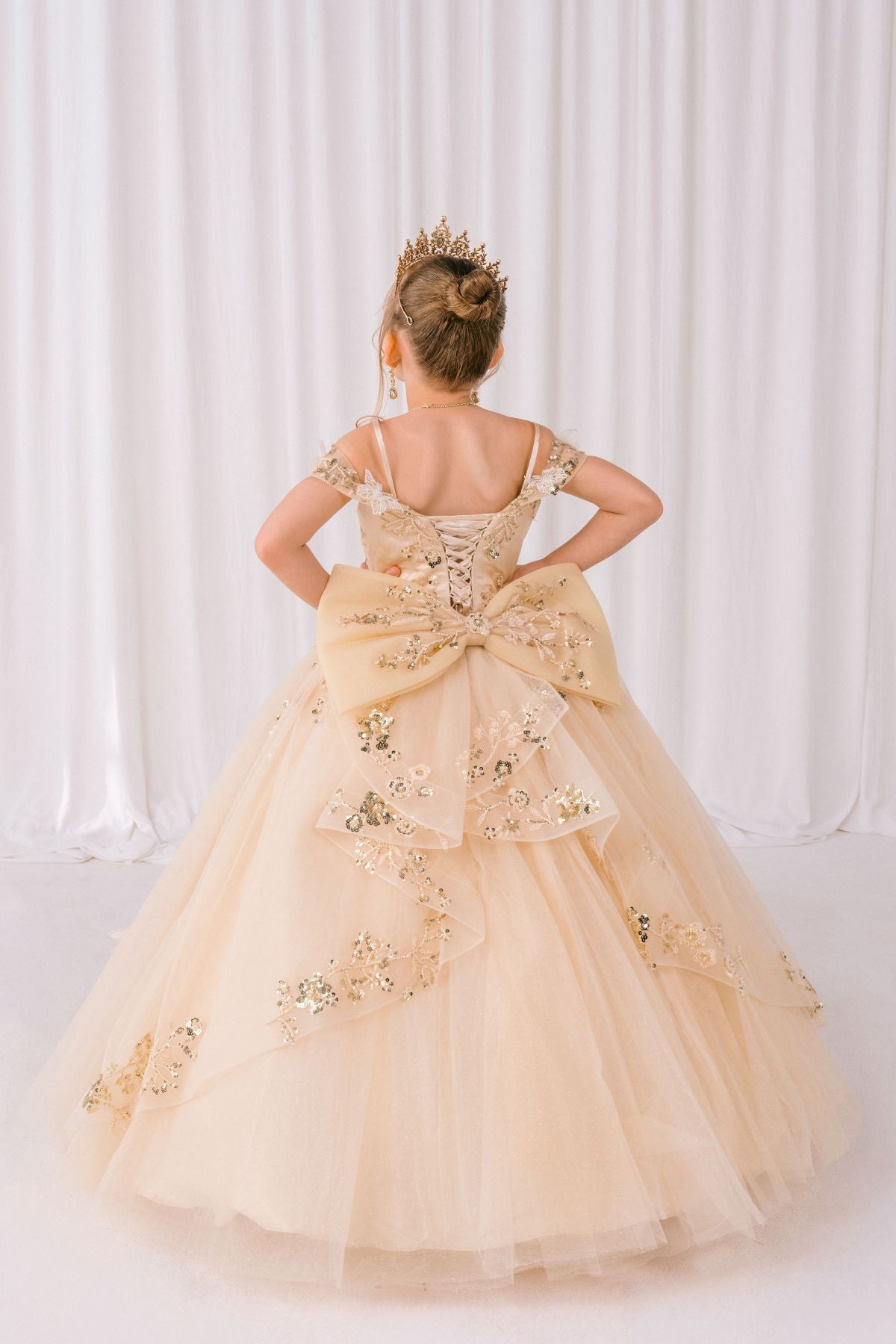 Wedding Dresses Glitter Long Formal Beaded Flower Girl Dress Champagne