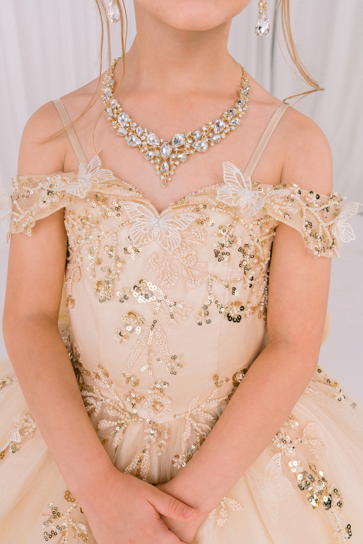 Wedding Dresses Glitter Long Formal Beaded Flower Girl Dress Champagne