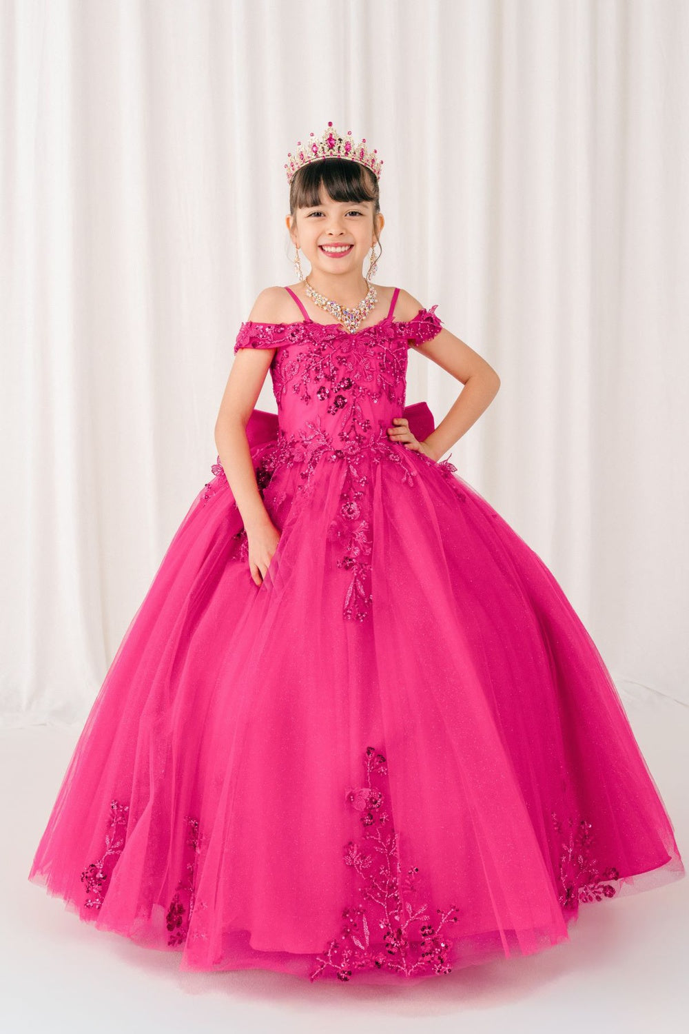 Wedding Dresses Glitter Long Formal Beaded Flower Girl Dress Fuschia