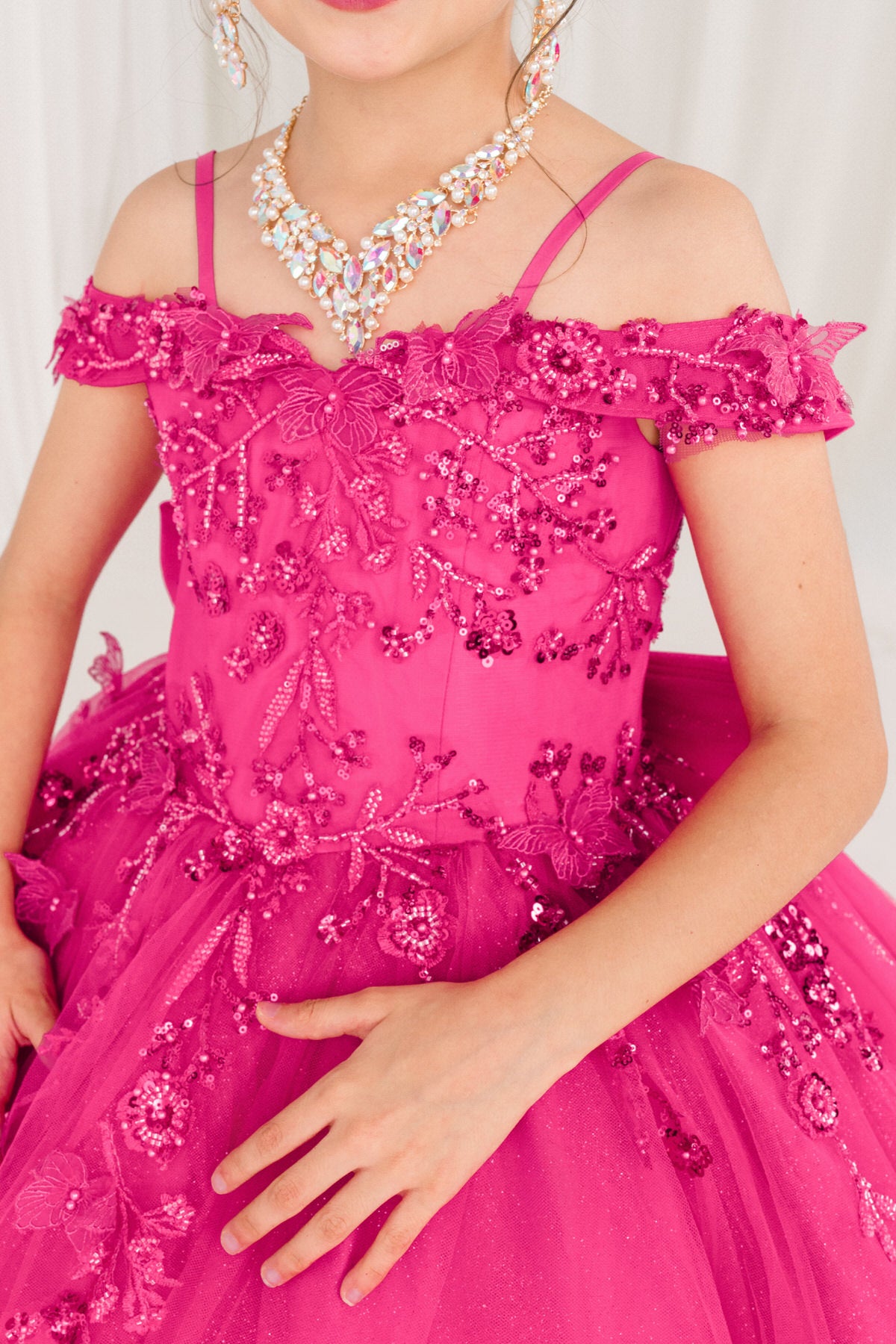 Wedding Dresses Glitter Long Formal Beaded Flower Girl Dress Fuschia