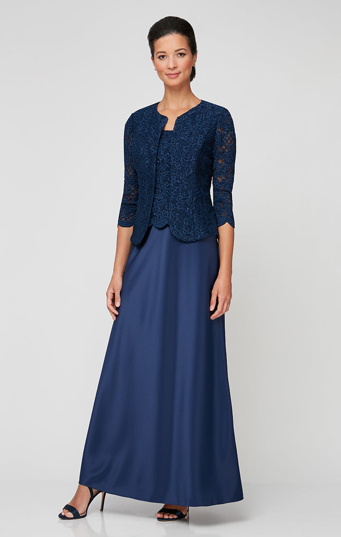 Navy Alex Evenings 82122326 Long Petite Glitter Lace Mother of the