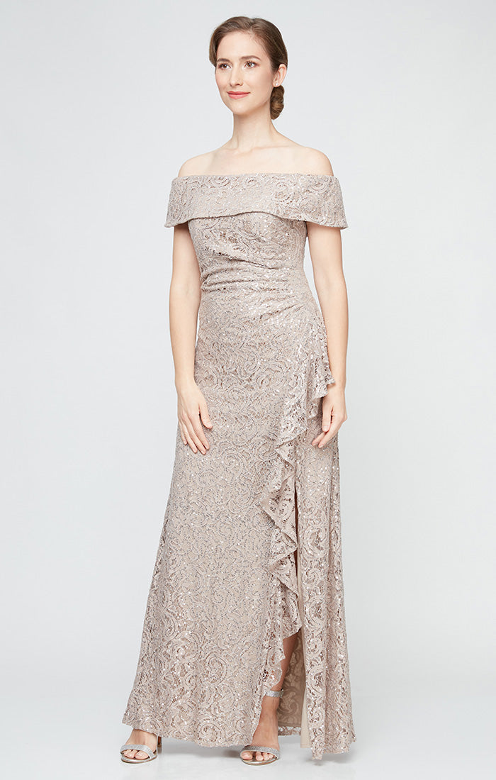 Formal Dresses Long Ruffle Formal Sequin Lace Evening Dress Buff