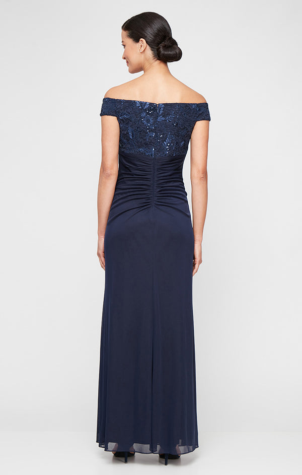 Navy Off-the-Shoulder Floor-Length Mesh Formal Lace Dress Alex Evenings 82122692
