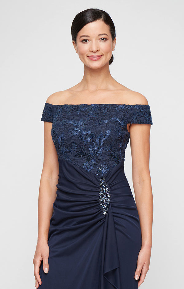 Navy Off-the-Shoulder Floor-Length Mesh Formal Lace Dress Alex Evenings 82122692