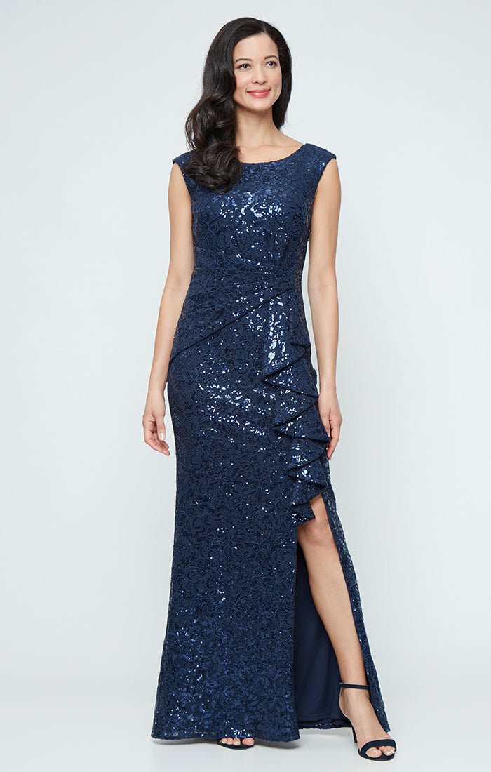 Formal Dresses Long Ruffle Formal Lace Evening Dress Navy