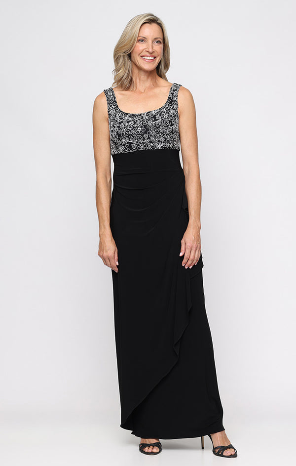 Black White Scoop Neckline Long Empire Waist Corded Lace Dress with Bolero Jacket and Matte Jersey Cascade Detail Skirt Alex Evenings 81122763