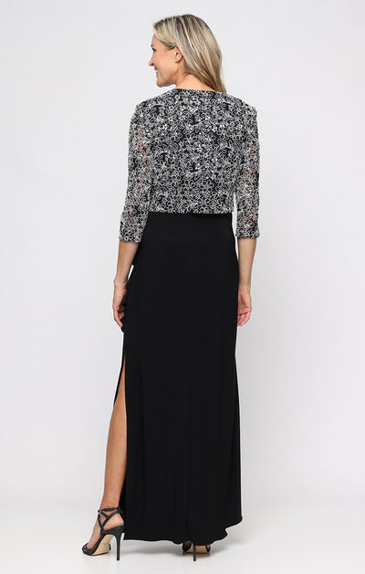 Black White Scoop Neckline Long Empire Waist Corded Lace Dress with Bolero Jacket and Matte Jersey Cascade Detail Skirt Alex Evenings 81122763