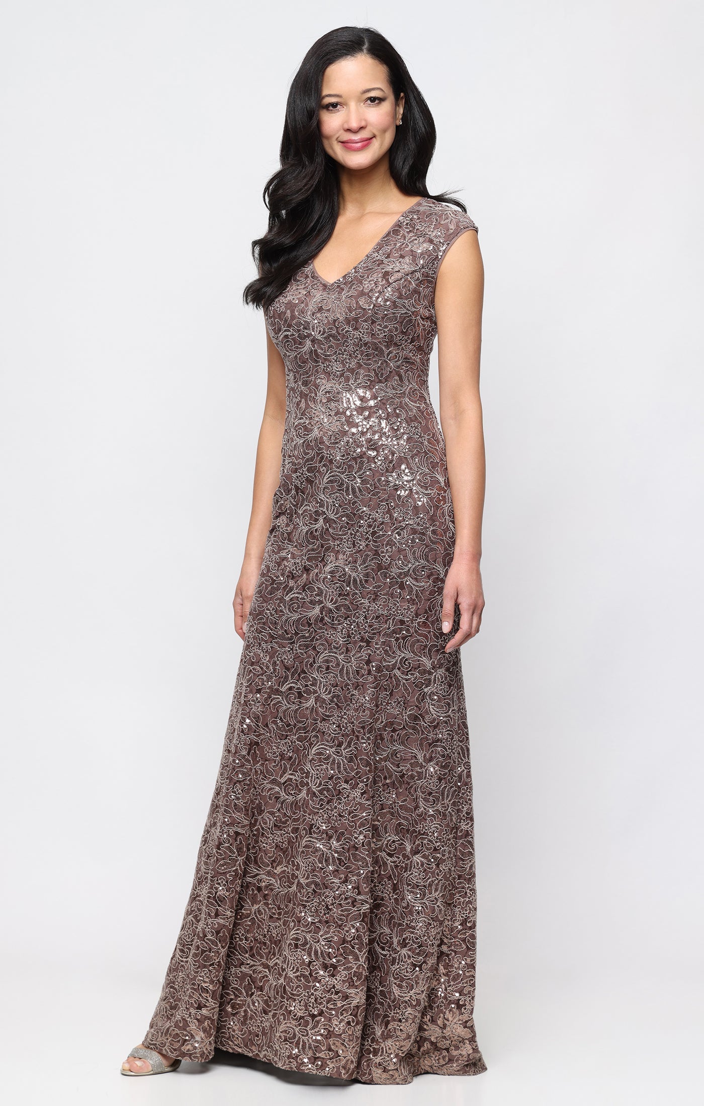 V-Neck Floor-Length Lace Formal A-Line Gown Alex Evenings 82122835
