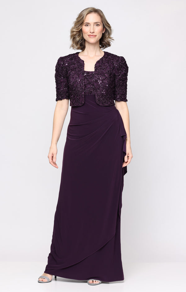 Deep Plum Scoop Neck Floor-Length Jersey Evening Dress Side Slit Alex Evenings 82122843