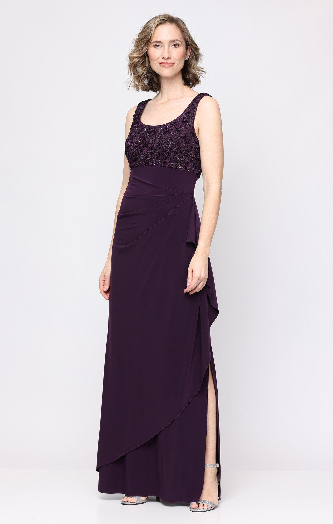 Deep Plum Scoop Neck Floor-Length Jersey Evening Dress Side Slit Alex Evenings 82122843