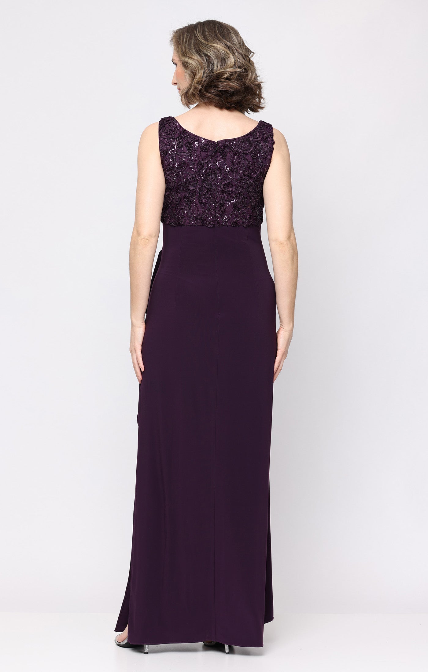 Deep Plum Scoop Neck Floor-Length Jersey Evening Dress Side Slit Alex Evenings 82122843
