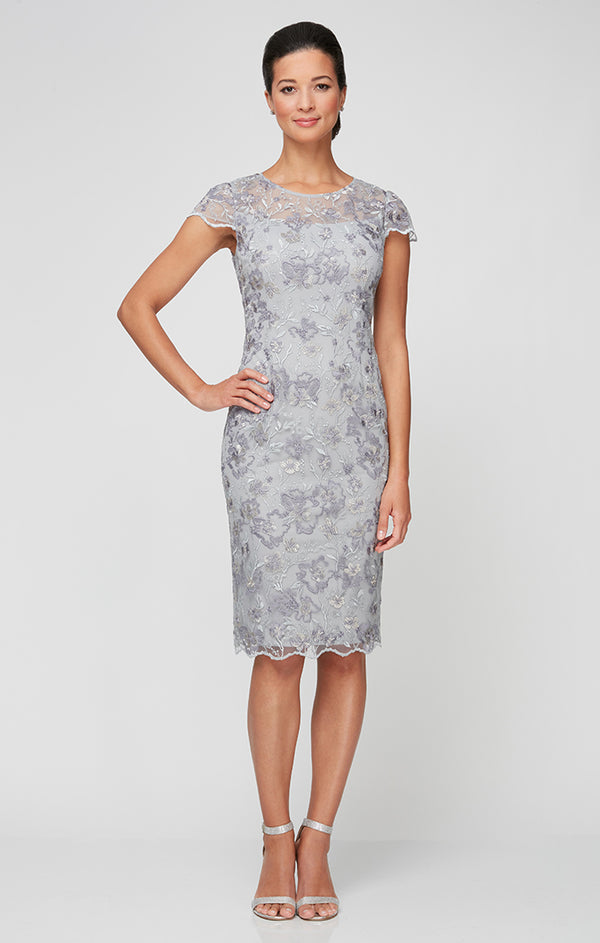 Dove Jewel Neck Knee-Length Lace Cocktail Dress Alex Evenings 82171141