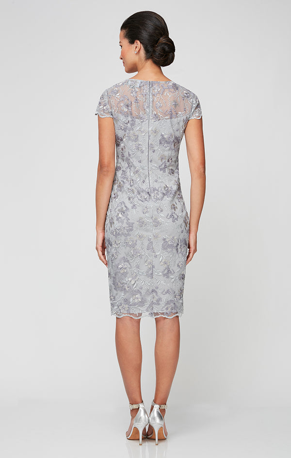 Dove Jewel Neck Knee-Length Lace Cocktail Dress Alex Evenings 82171141