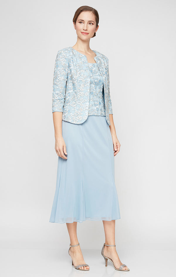 Ice Blue Square Neck Tea-Length Chiffon Cocktail Dress with Lace Jacket Alex Evenings 82171364