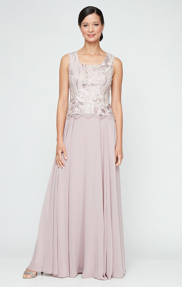 Blush Square Neckline Long Embroidered Sequin Dress with Full Chiffon Skirt Petite Formal Gown Alex Evenings 82171725
