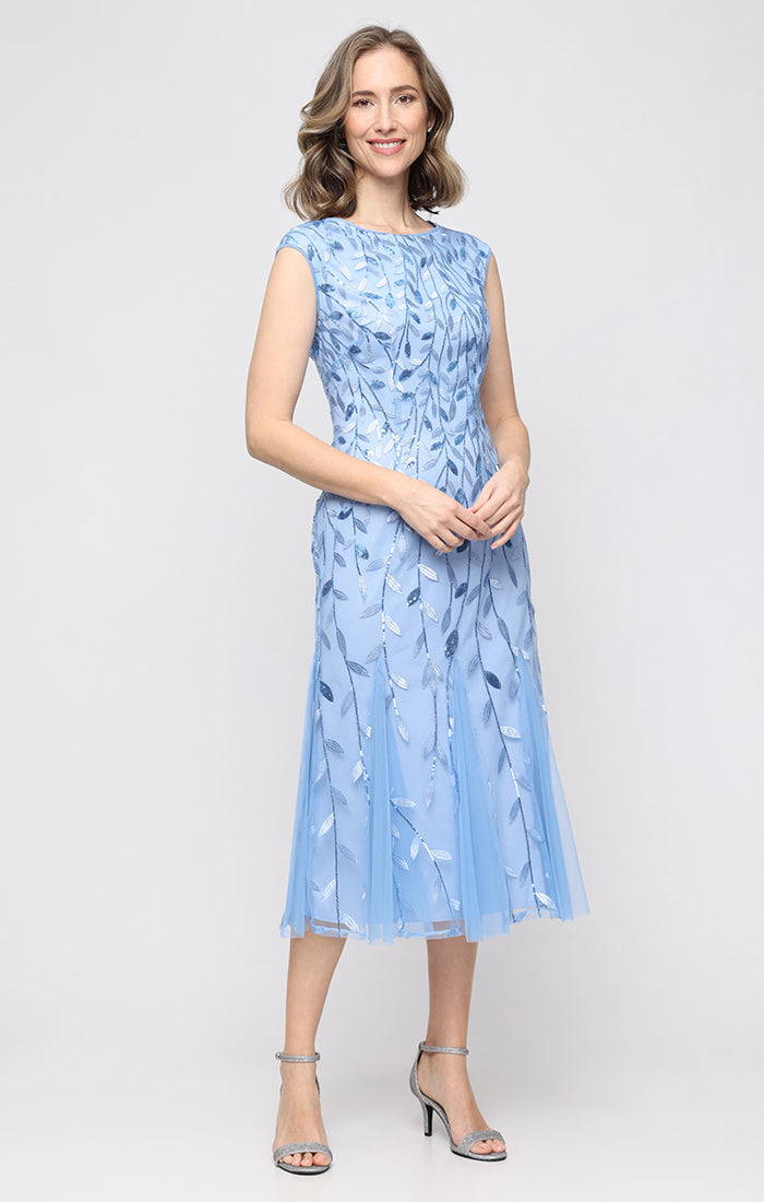 Hydrangea Boat-Neck Tea-Length Embroidered Mesh Cocktail Dress with Godet Skirt Petite Alex Evenings 82171782