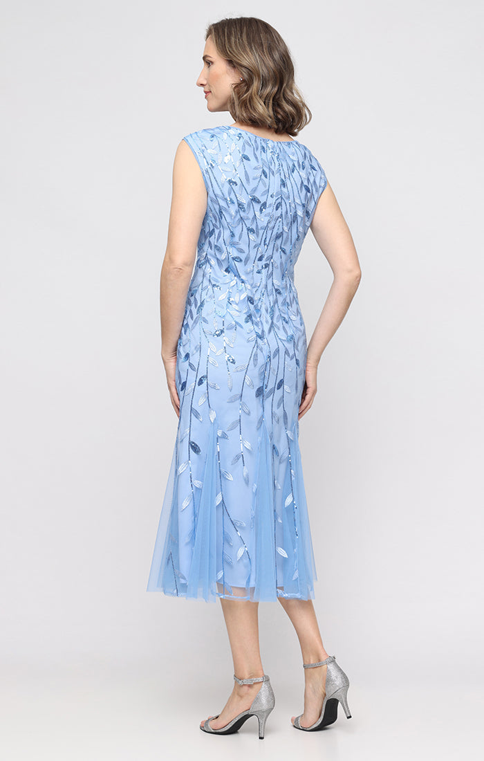 Hydrangea Boat-Neck Tea-Length Embroidered Mesh Cocktail Dress with Godet Skirt Petite Alex Evenings 82171782