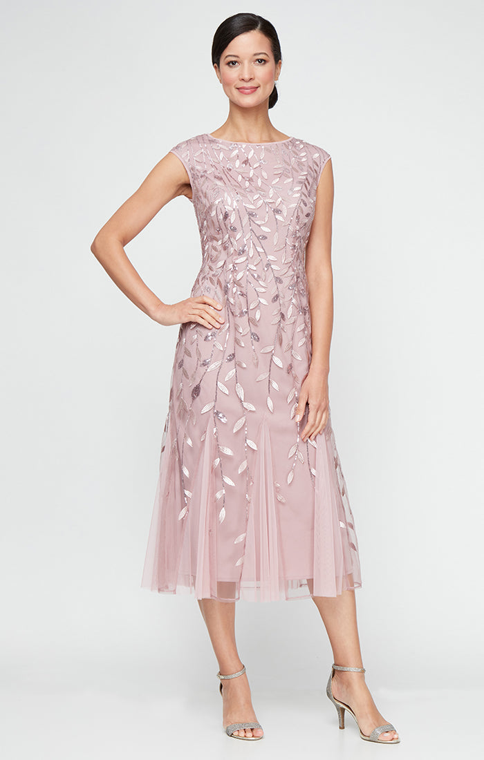 Rose Boat-Neck Tea-Length Embroidered Mesh Cocktail Dress with Godet Skirt Petite Alex Evenings 82171782