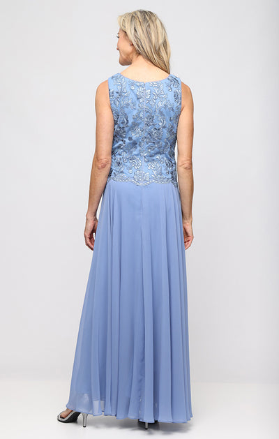 Dusty Blue Scoop Neckline Long Embroidered Tulle Mock Jacket Dress with Button Front Closure and Full Chiffon Skirt Alex Evenings 81171957