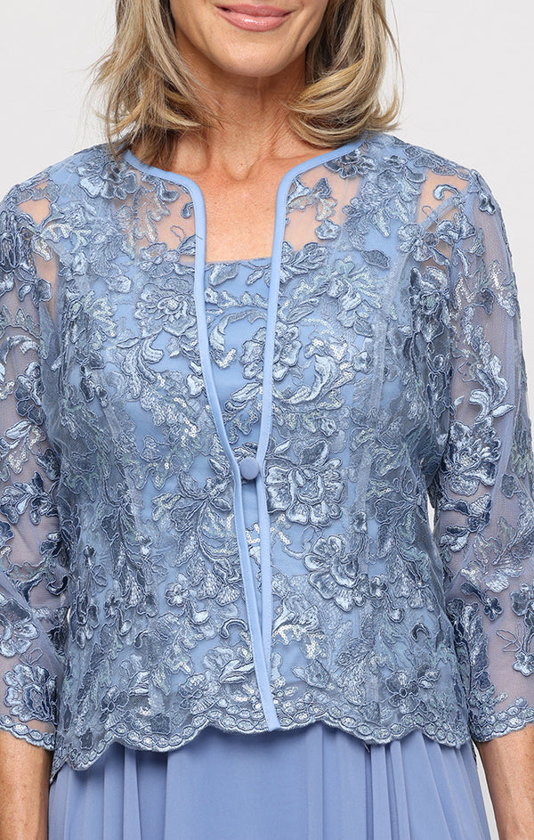 Dusty Blue Scoop Neckline Long Embroidered Tulle Mock Jacket Dress with Button Front Closure and Full Chiffon Skirt Alex Evenings 81171957