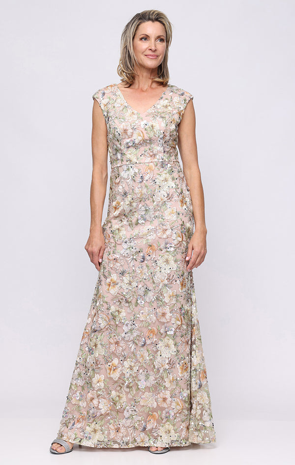 Taupe Multi V-Neck Floor-Length Chiffon Dress with Embroidered Waist and Scalloped Hem Alex Evenings 81171970