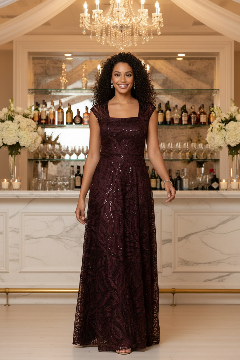 Alex Evenings 81171987 Square Floor-Length Lace Evening A-Line