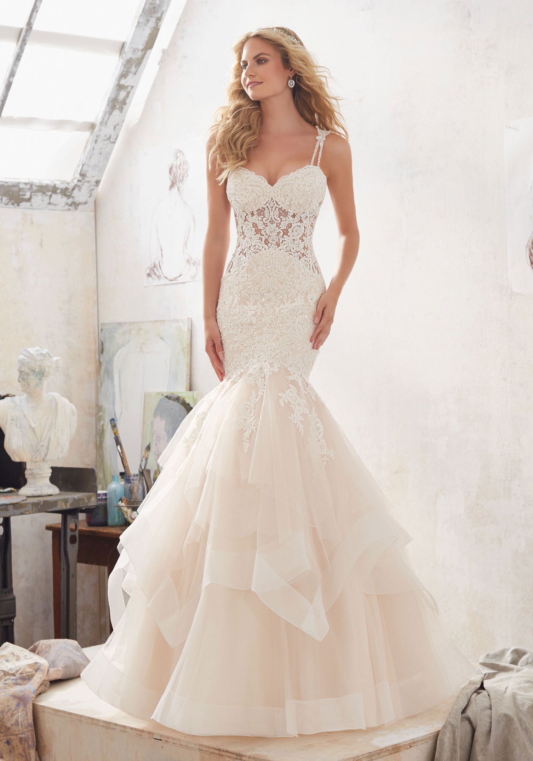 Wedding Dresses Long Lace Mermaid Wedding Dress MGNY Madeline Gardner New York 8118 Ivory/Champagne