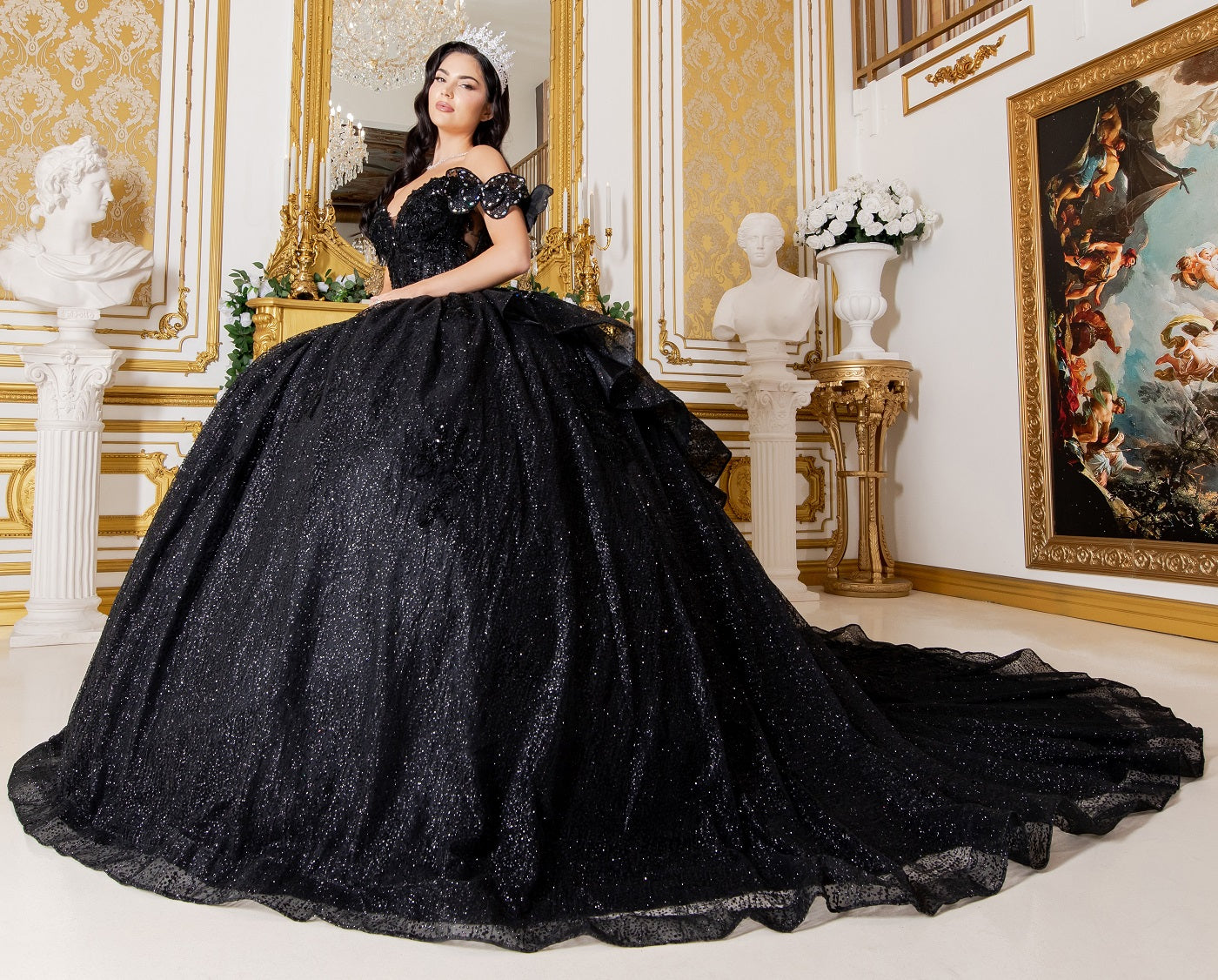 Quinceniera Dresses Long Quinceanera Beaded Applique Ball Gown Black
