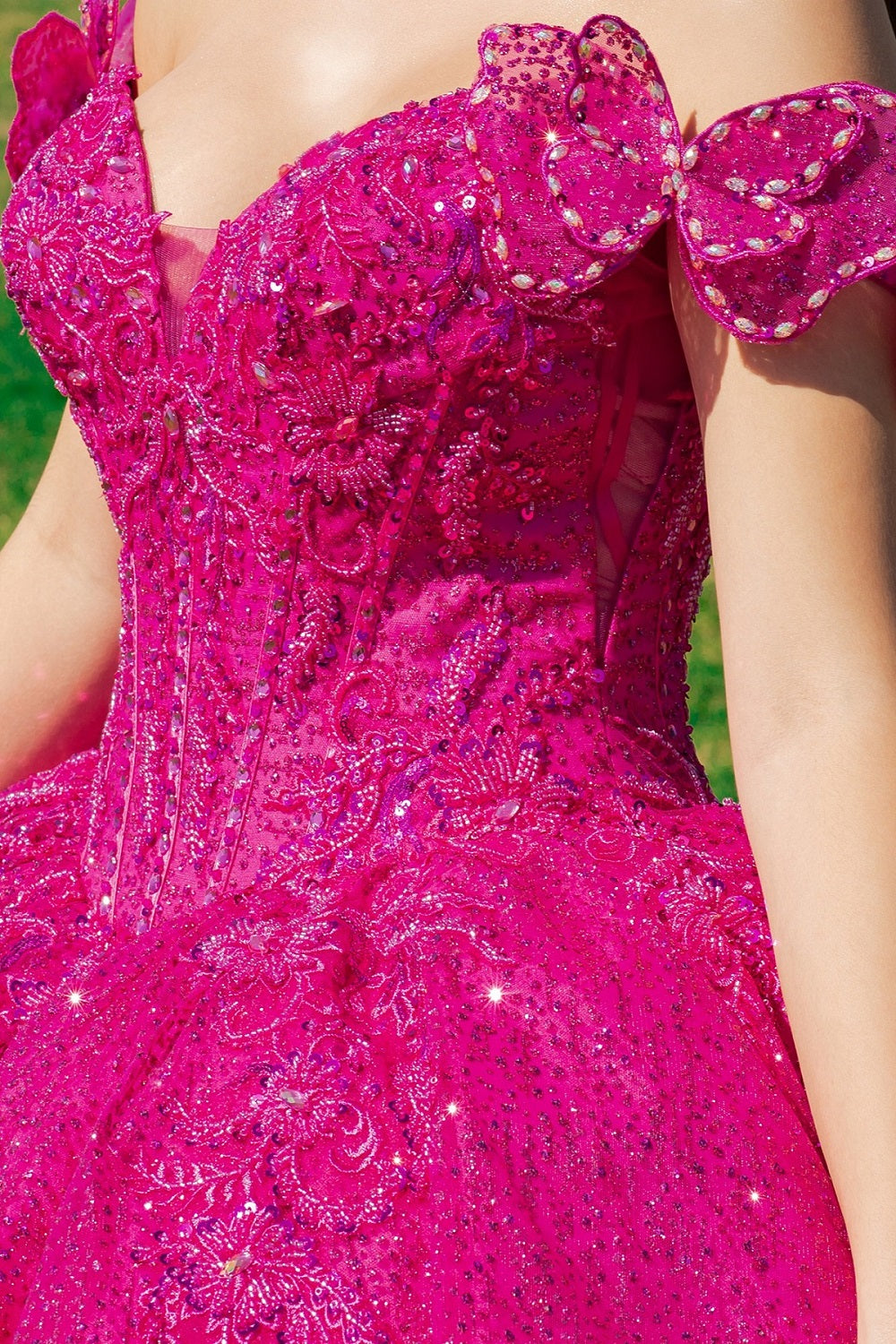 Quinceniera Dresses Long Quinceanera Beaded Applique Ball Gown Fuchsia