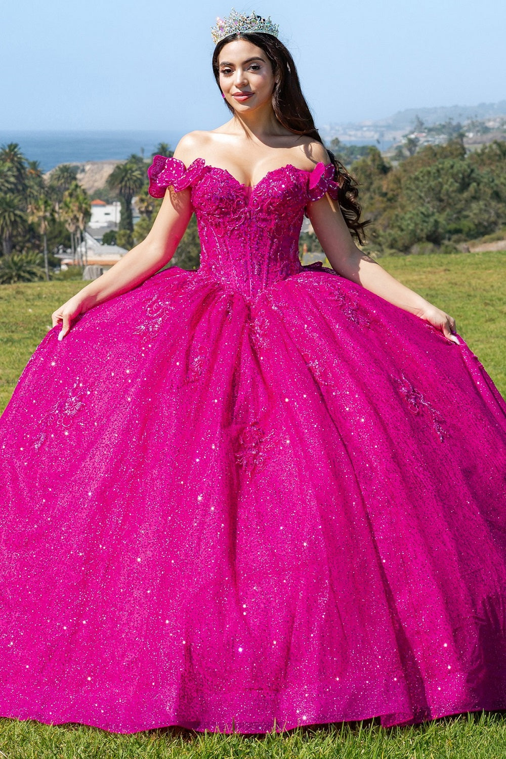 Quinceniera Dresses Long Quinceanera Beaded Applique Ball Gown Fuchsia