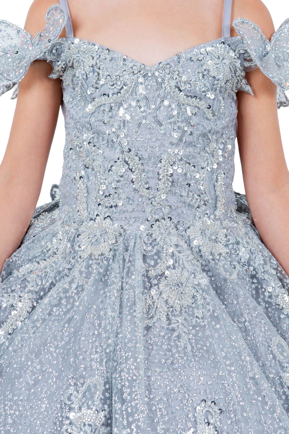 Flower Girl Dresses Glitter 3D Applique Flower Girl Dress Silver