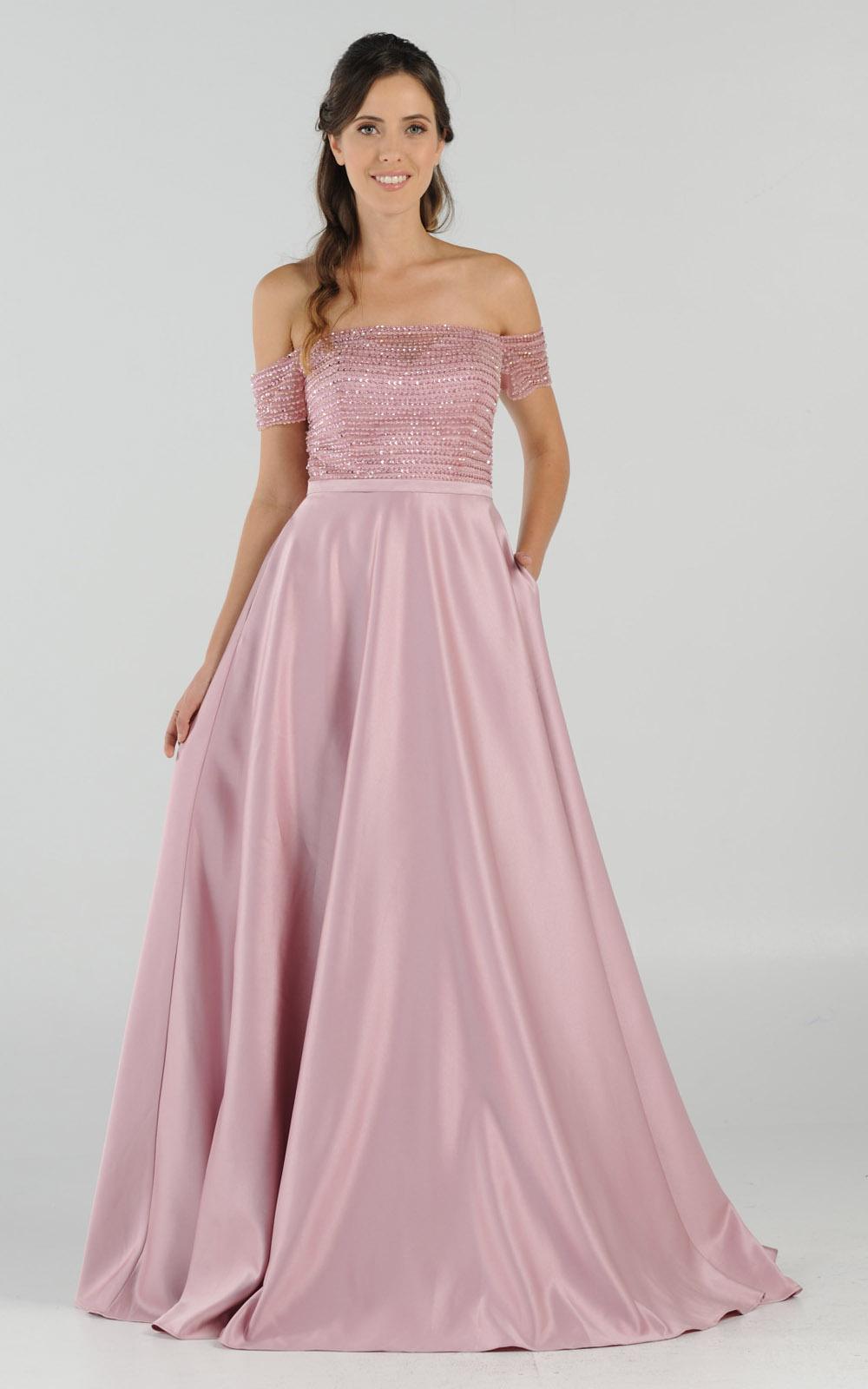 Mauve Off-the-Shoulder Floor-Length Satin Prom A-Line Gown with Beaded Bodice Poly USA 8132