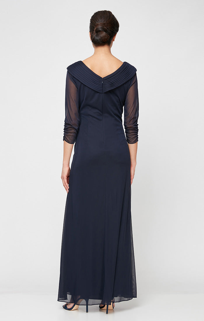 Navy V-Neck Floor-Length Chiffon Formal Dress with Beaded Accent Petite Alex Evenings 82321013