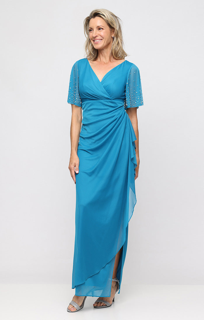 Mallard V-Neck Floor-Length Chiffon Mother of the Bride Dress with Beaded Sleeves Alex Evenings 84321016