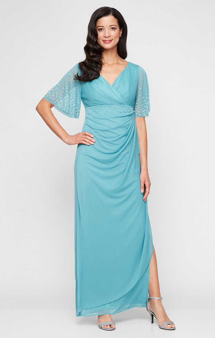 Teal V-Neck Floor-Length Chiffon Mother of the Bride Dress with Beaded Sleeves Alex Evenings 84321016
