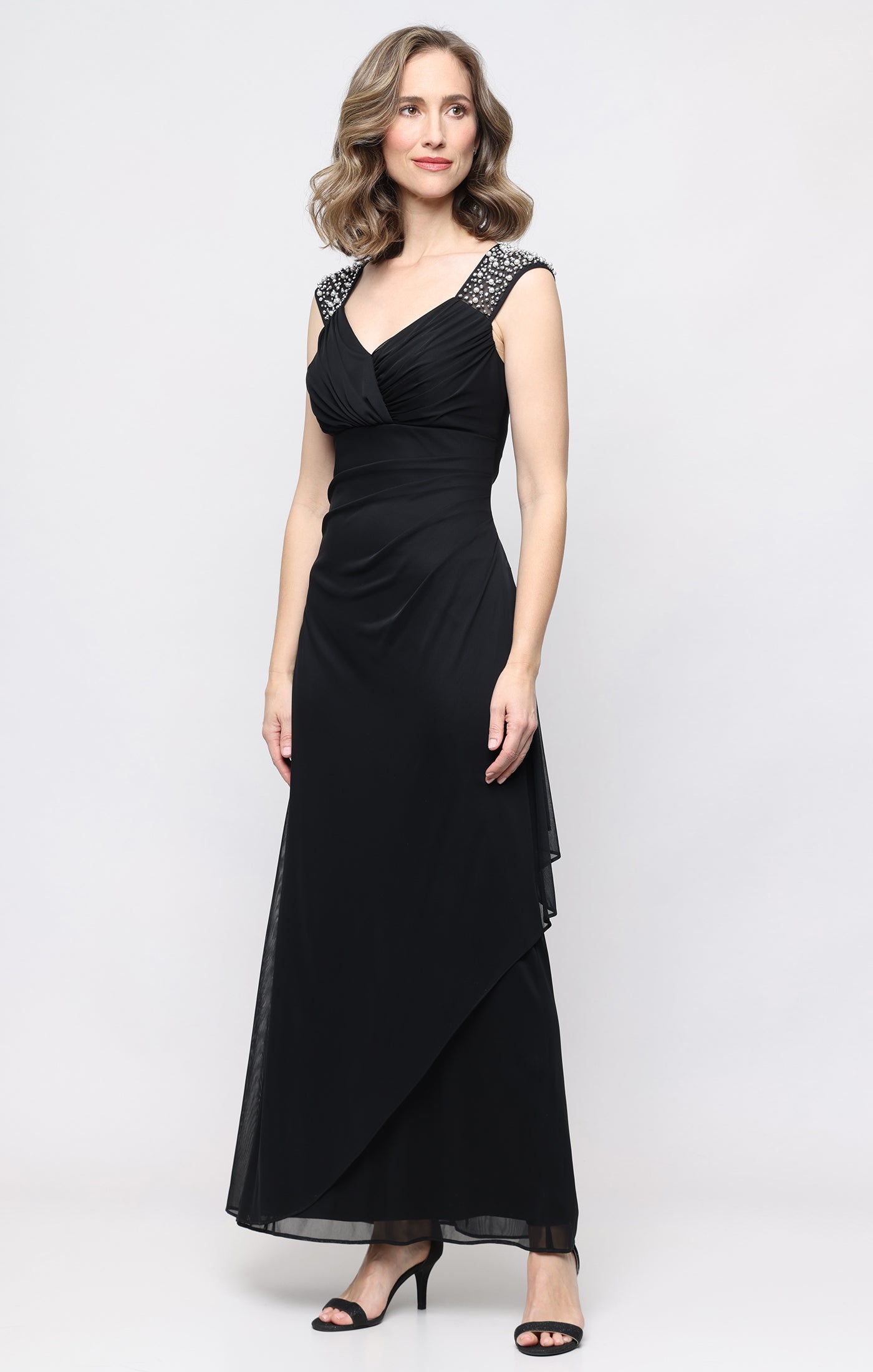 V-Neck Floor-Length Jersey Formal Sheath Gown with Beaded Cap Sleeves Alex Evenings AE81321052