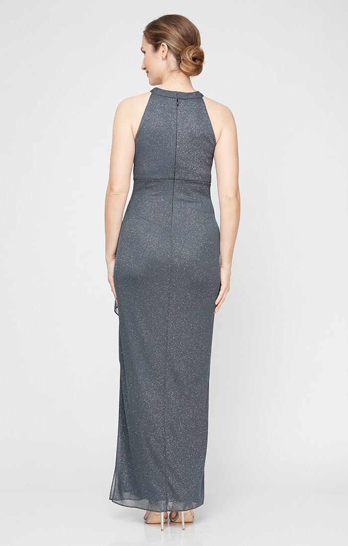 Smoke Halter Floor-Length Metallic Jersey Formal Dress with Draped Skirt and Side Slit Alex Evenings 8133106