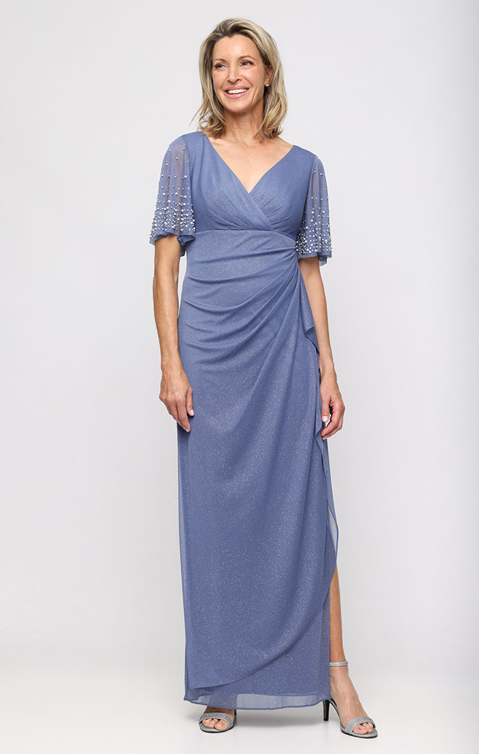 Dusty Blue V-Neck Floor-Length Metallic Chiffon Formal Dress with Draped Waist Plus Size Alex Evenings 8433119