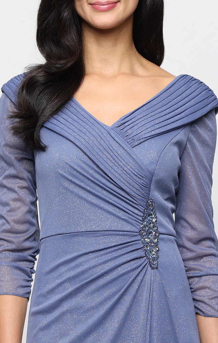 Dusty Blue V Neck Floor Length Glitter Mesh Formal Gown with Ruched Waist Alex Evenings 8133121