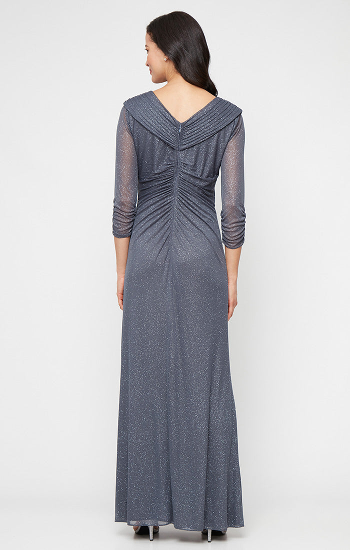 Smoke V Neck Floor Length Glitter Mesh Formal Gown with Ruched Waist Alex Evenings 8133121