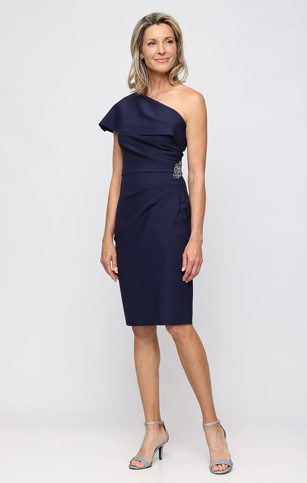 Navy One-Shoulder Knee-Length Satin Dress with Beaded Hip Detail Alex Evenings 8134454
