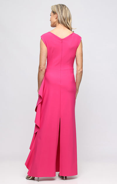 Geranium V-Neck Floor-Length Satin Dress with Cascade Detail and Ruched Waist Alex Evenings 8134480
