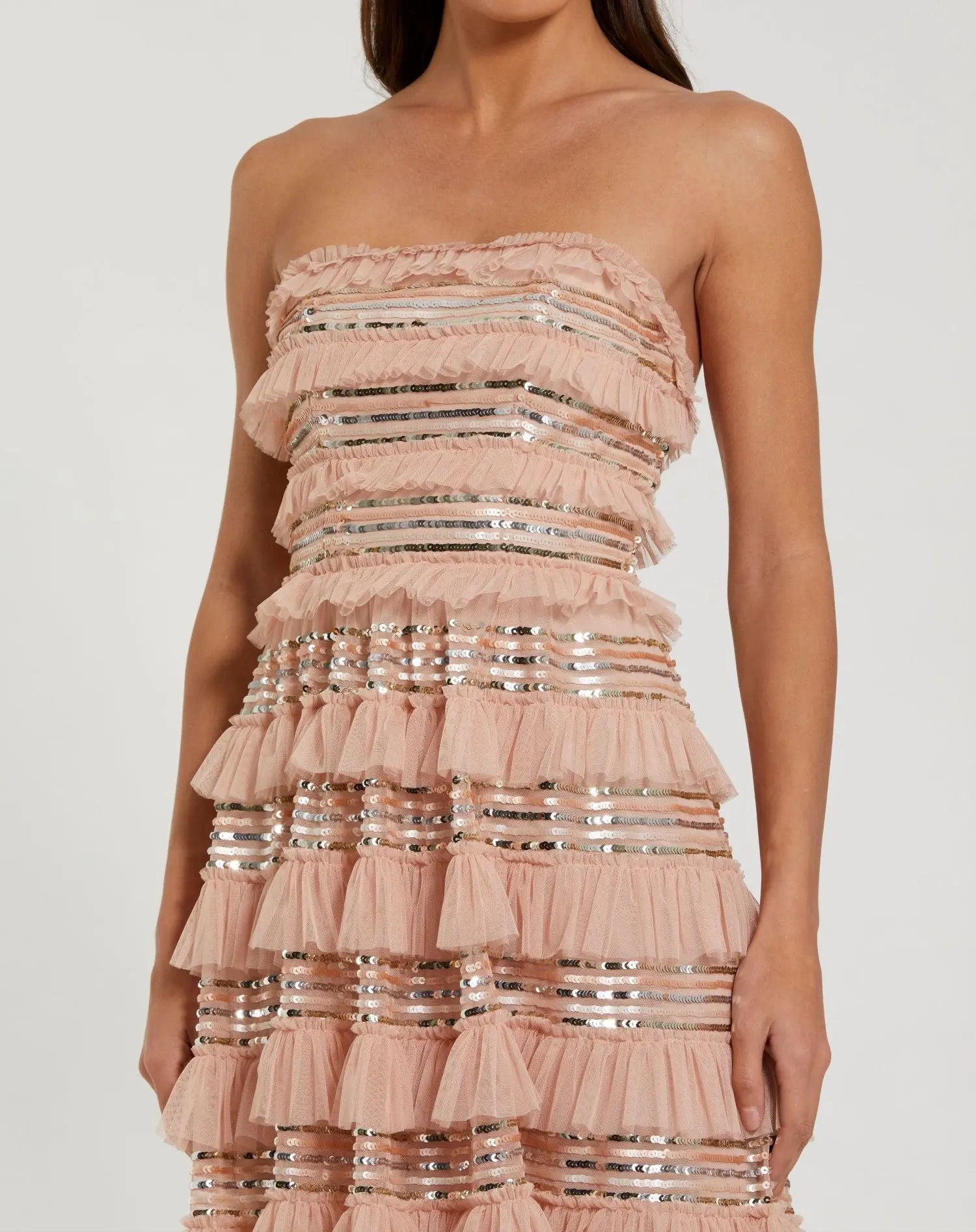 Cocktail Dresses Sequin Tea Length Cocktail Dress - Ruffle - Mac Duggal 8155 Porcelain-Mesh-8155-Ruffle