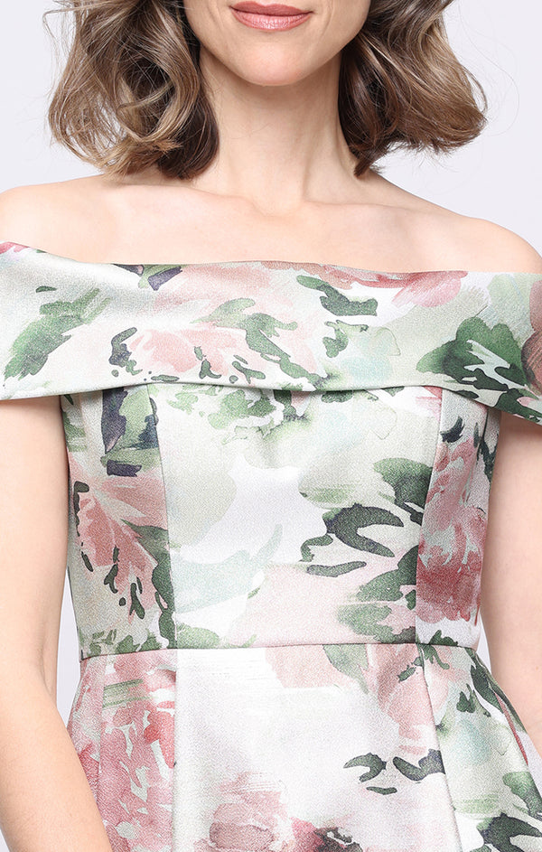 Blush Multi Off-the-Shoulder Floor-Length Shimmer Fabric Formal Dress with Floral Print Alex Evenings 8155323