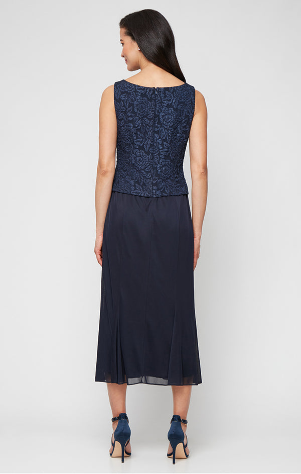Navy V-Neck Midi Jacquard Cocktail Dress Floral Alex Evenings 8257038
