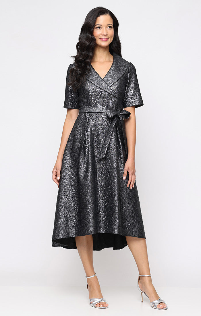 Gunmetal V Neck High Low Metallic Jacquard Formal Belted Petite Dress Alex Evenings 8257044
