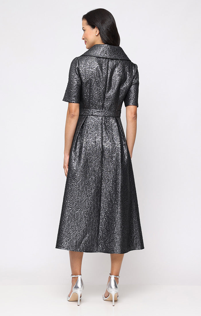 Gunmetal V Neck High Low Metallic Jacquard Formal Belted Petite Dress Alex Evenings 8257044